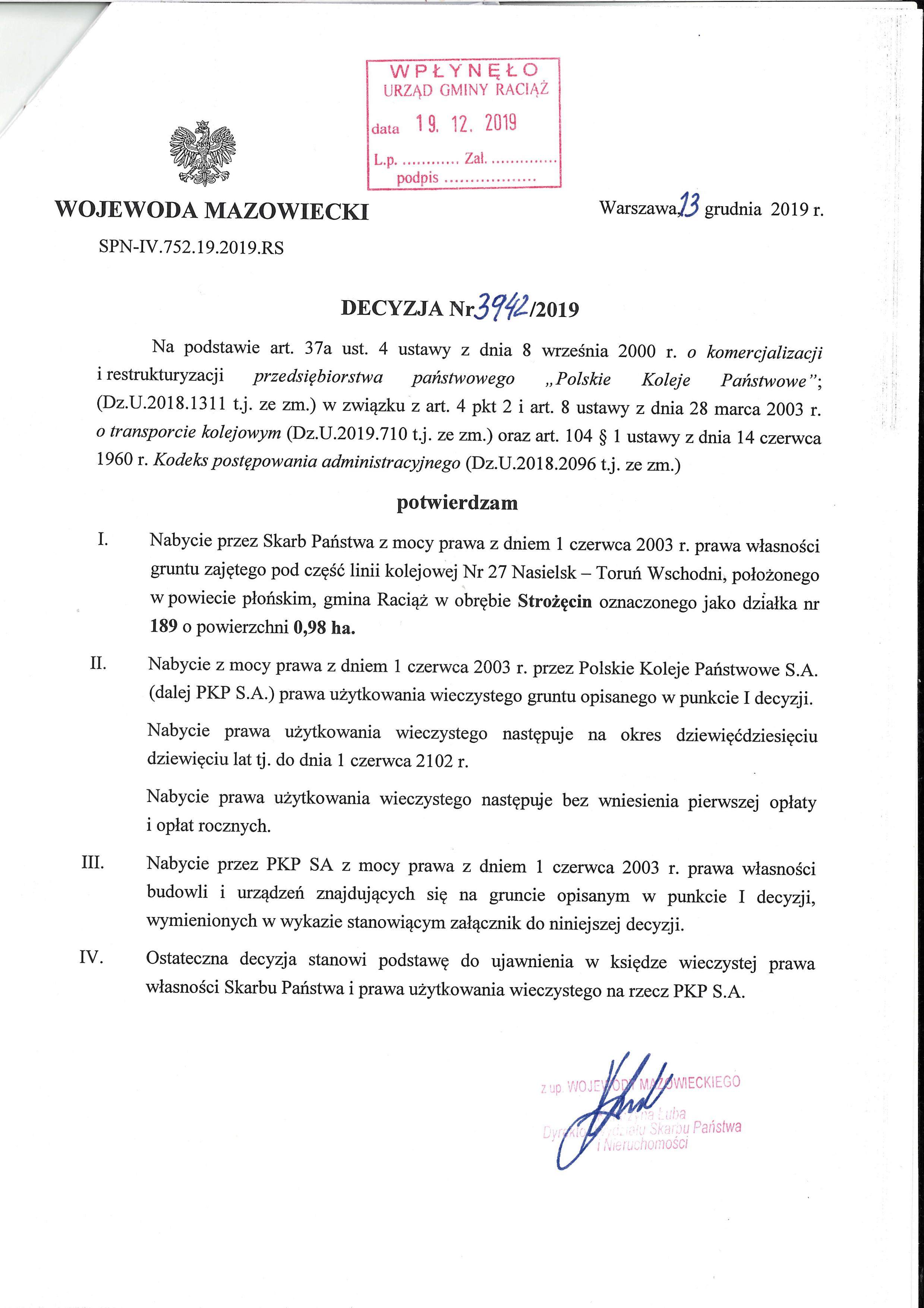 Decyzja Wojewody Mazowieckiego z dnia 23.12.2019 r. W sprawie nabycia przez Skarb Państwa prawa